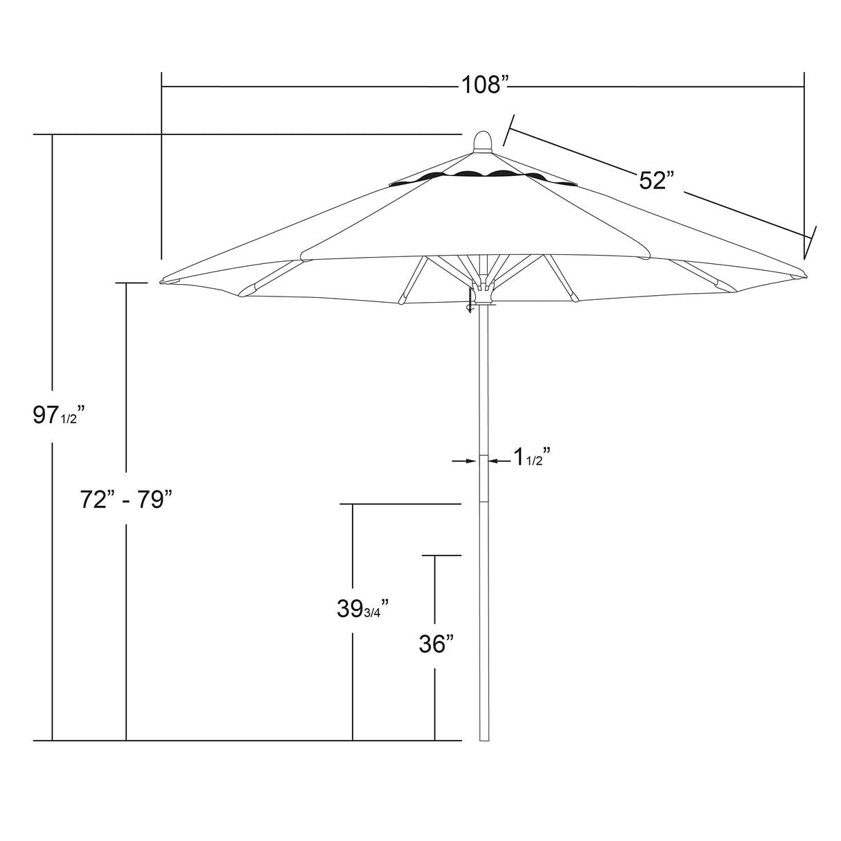 9' Rd. Wooden Market Umbrella, Push Open Pin Stop ,