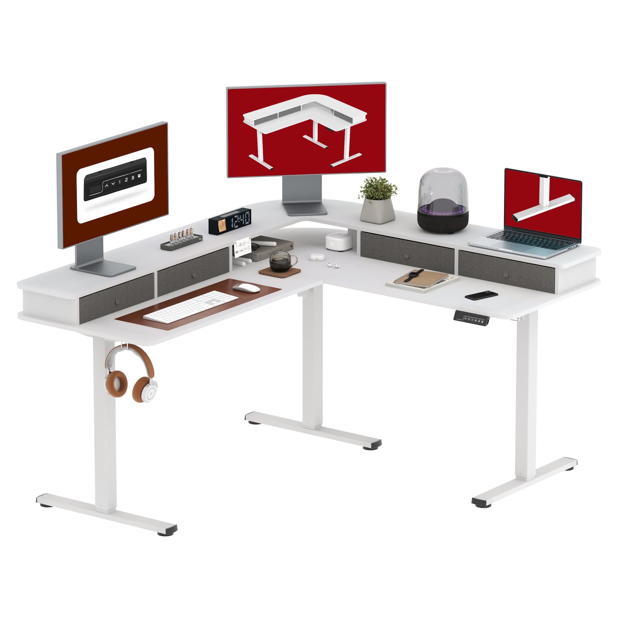 63" L Shaped Standing Desk with 3 Drawers, Height Adjustable Stand up Desk
