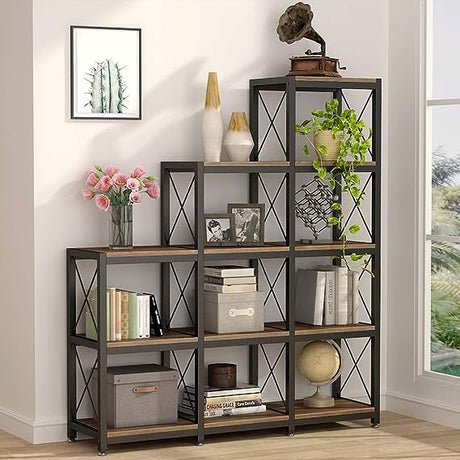 12 Shelves Bookshelf,Industrial Ladder Corner Bookshelf 9 Cubes Stepped Etagere Bookcase