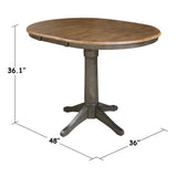 IC International Concepts 36" Round Top Pedestal 12" Leaf-36.1" H-Counter Height Dining table, Hickory/Washed coal