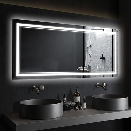 Motion Sensor LED Bathroom Mirror 40" x 32", Black Frame, Front and Backlight, Shatter