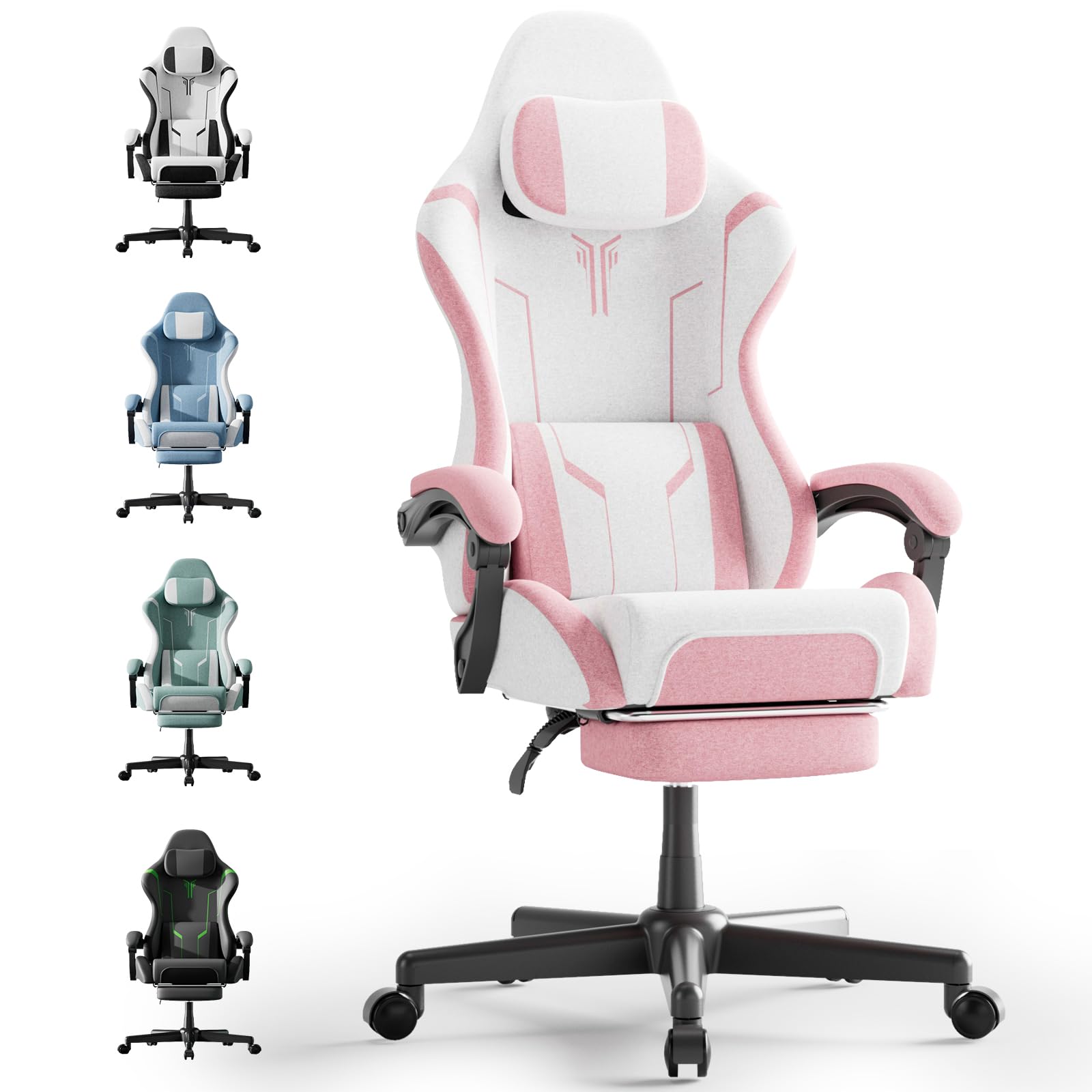 Ergonomic Gaming Chair with Massage Lumbar and Footrest - Pink & White