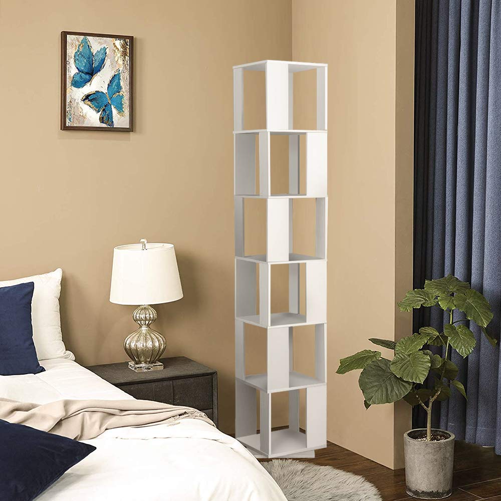 6 Tier Wooden Bookcase Corner Tall Book Shelf Modern 360° Rotating Storage Display Rack Floor