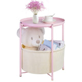 End Tables with Storage Basket, Metal Side Table Nightstand Small Bedside Table, Pink