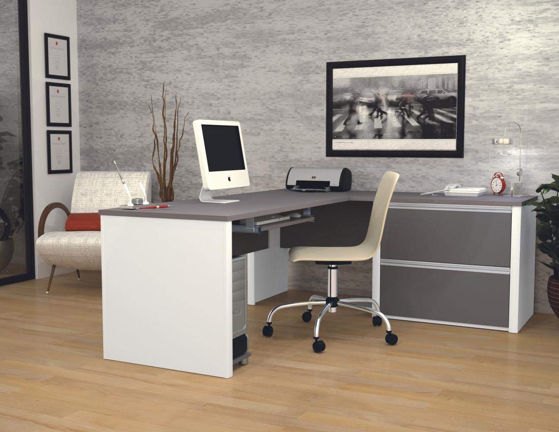 L-Shaped Desk with 1 Oversized Pedestal in Sandstone & Slate