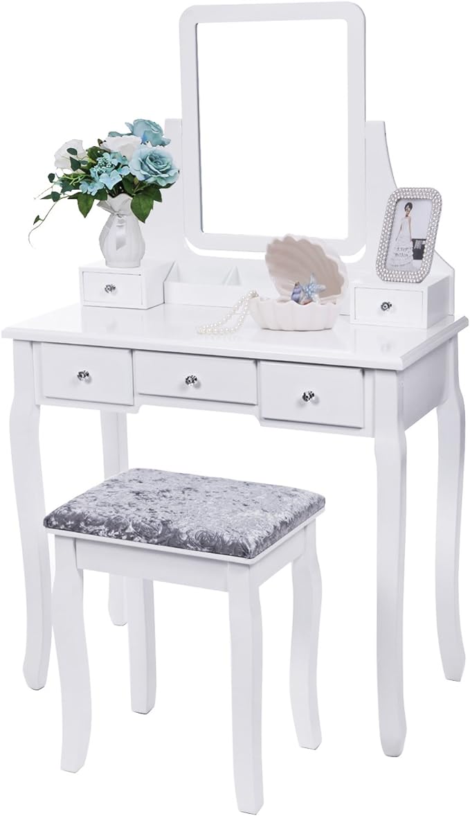 Vanity Set with Mirror & Cushioned Stool Dressing Table Vanity Makeup Table 5 Drawers 2e Organizers White FST01W