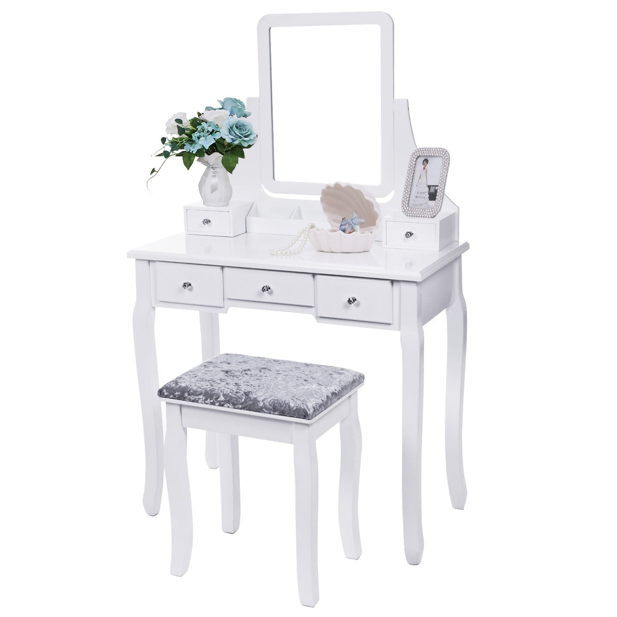 Vanity Set with Mirror & Cushioned Stool Dressing Table Vanity Makeup Table 5 Drawers 2e Organizers White FST01W