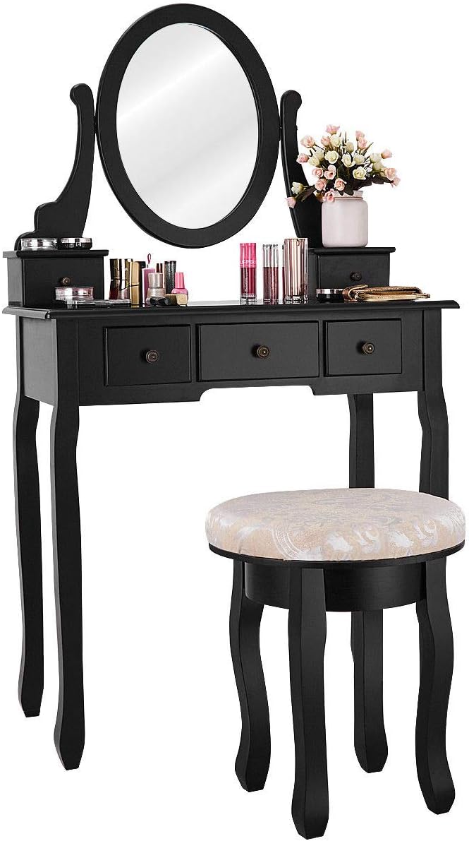 Makeup Table Set Bedroom Furniture with Cushioned Padded Stool & 5 Drawer Round 360 Degree Rotation Swivel Mirror Dressing Table Stool Wooden Vanity Set (Black with 5 Drawer)