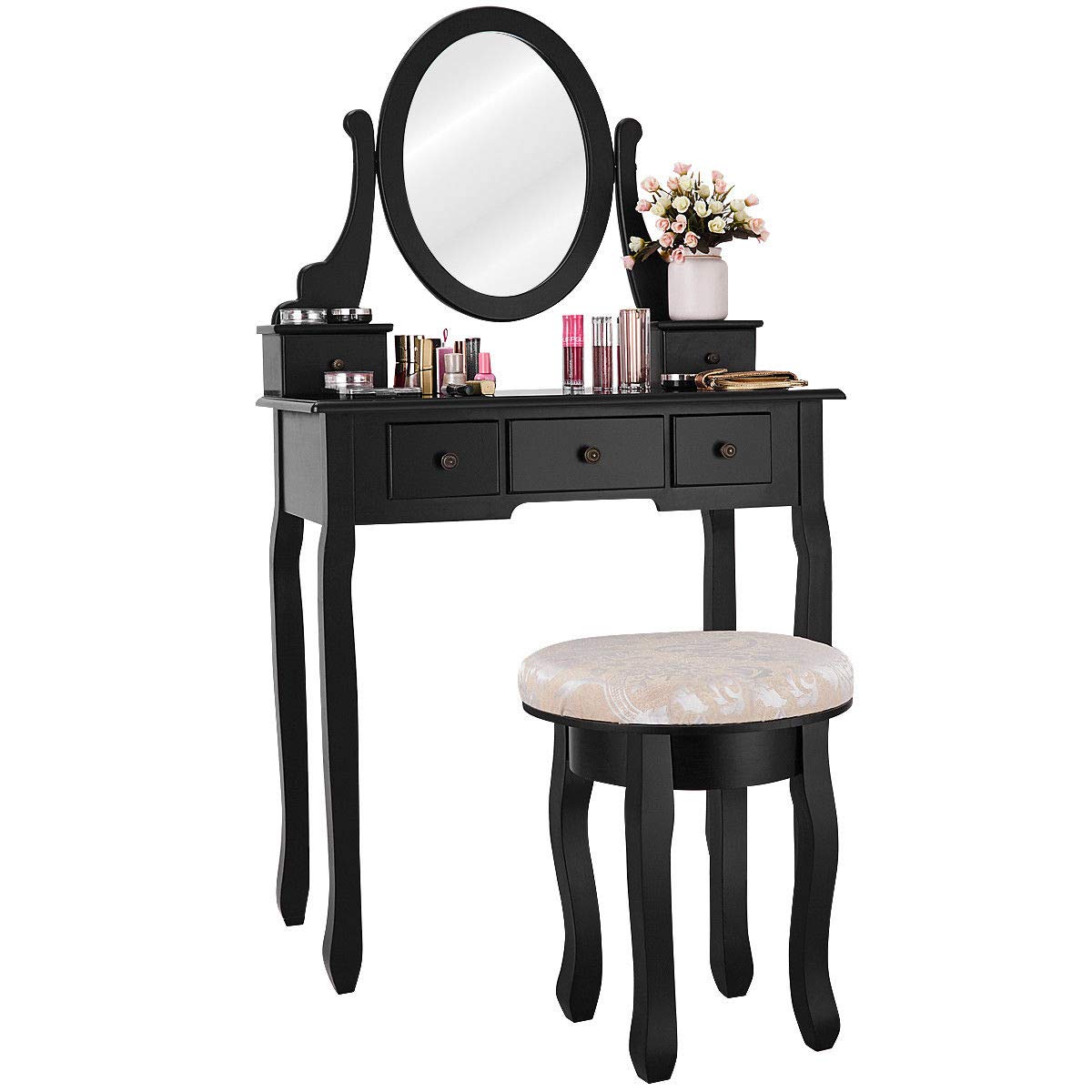 Makeup Table Set Bedroom Furniture with Cushioned Padded Stool & 5 Drawer Round 360 Degree Rotation Swivel Mirror Dressing Table Stool Wooden Vanity Set (Black with 5 Drawer)