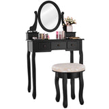 Makeup Table Set Bedroom Furniture with Cushioned Padded Stool & 5 Drawer Round 360 Degree Rotation Swivel Mirror Dressing Table Stool Wooden Vanity Set (Black with 5 Drawer)