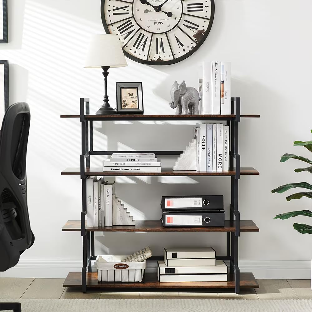 Industrial 4 Tier Bookshelf,Metal and Wood Bookcase,Open Wide Display Storage Bookshelves,for Bedroom,Living Room,Home Office, Easy Assembly