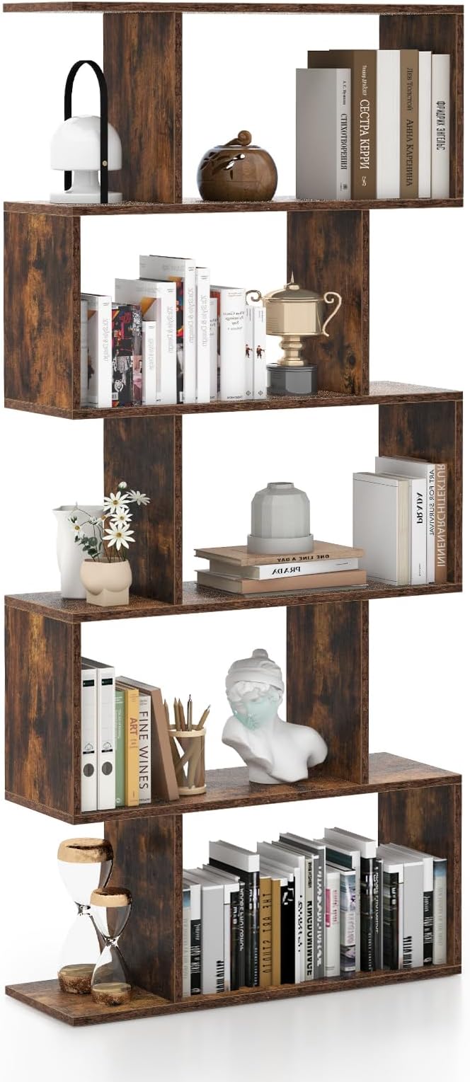 5-Tier Geometric Bookshelf, S Shaped Bookcase w/Anti-Toppling Device, Freestanding