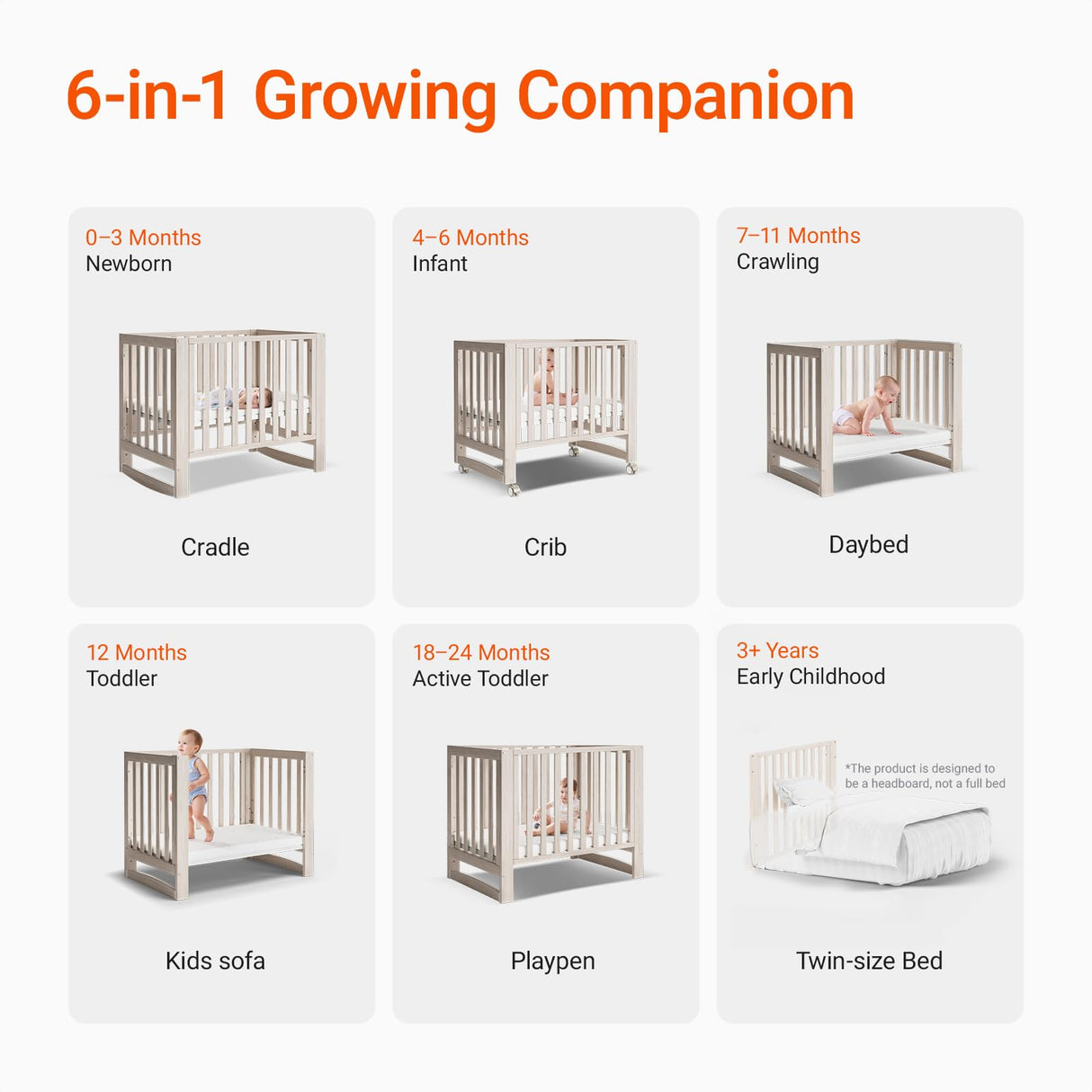 MAMAZING EvoNest Baby Crib, 6 in 1 Convertible Mini Crib with Wheels, 100% New Zealand Pinewood Growing Bed, 4 Adjustable Mattress Heights,Walnut Brown (Washed Natural)