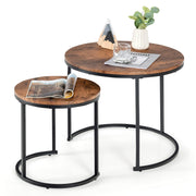 Nesting Coffee Table Set of 2, Round Stacking Side Tables w/Wooden Tabletop