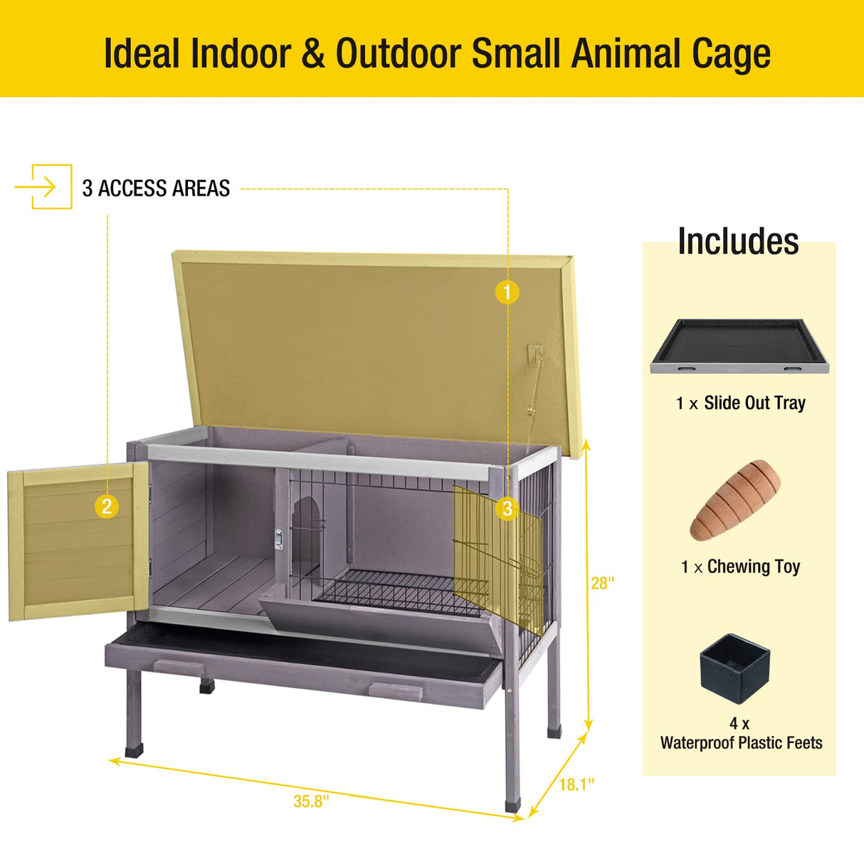 Outdoor Rabbit Hutch, Wooden Bunny Cages Indoor with Deeper Leakproof Tray