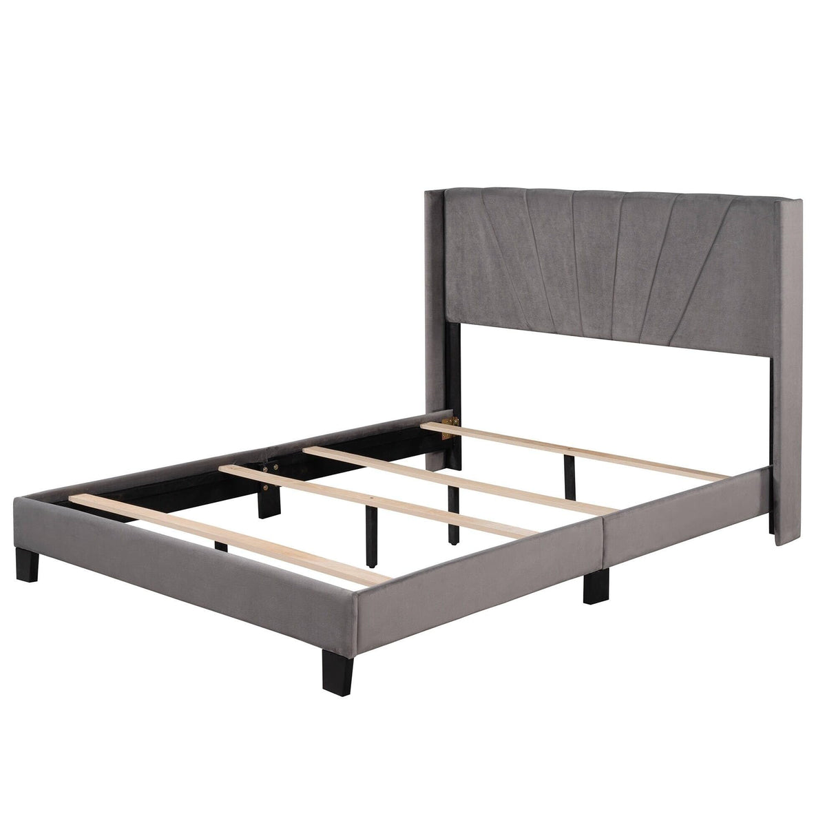 Queen Size Velvet Upholstered Platform Bed, Box Spring Needed Grey