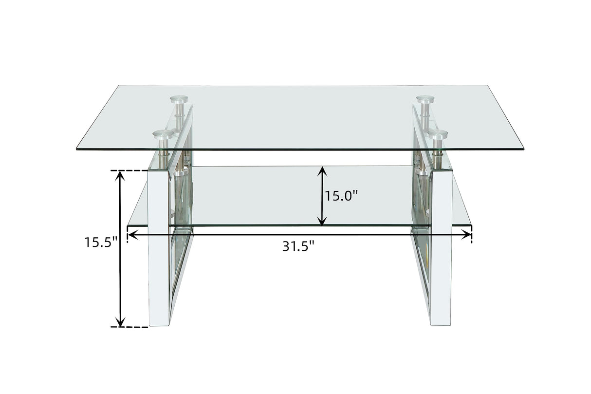 Mirrored Glass Coffee Table, Modern Side Coffee Table with Transparent Tempered Glass