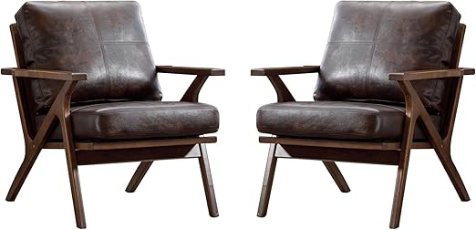 Mid Century Modern Chair, PU Leather Accent Chairs Set of 2, Armchair with Solid Wood