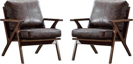 Mid Century Modern Chair, PU Leather Accent Chairs Set of 2, Armchair with Solid Wood