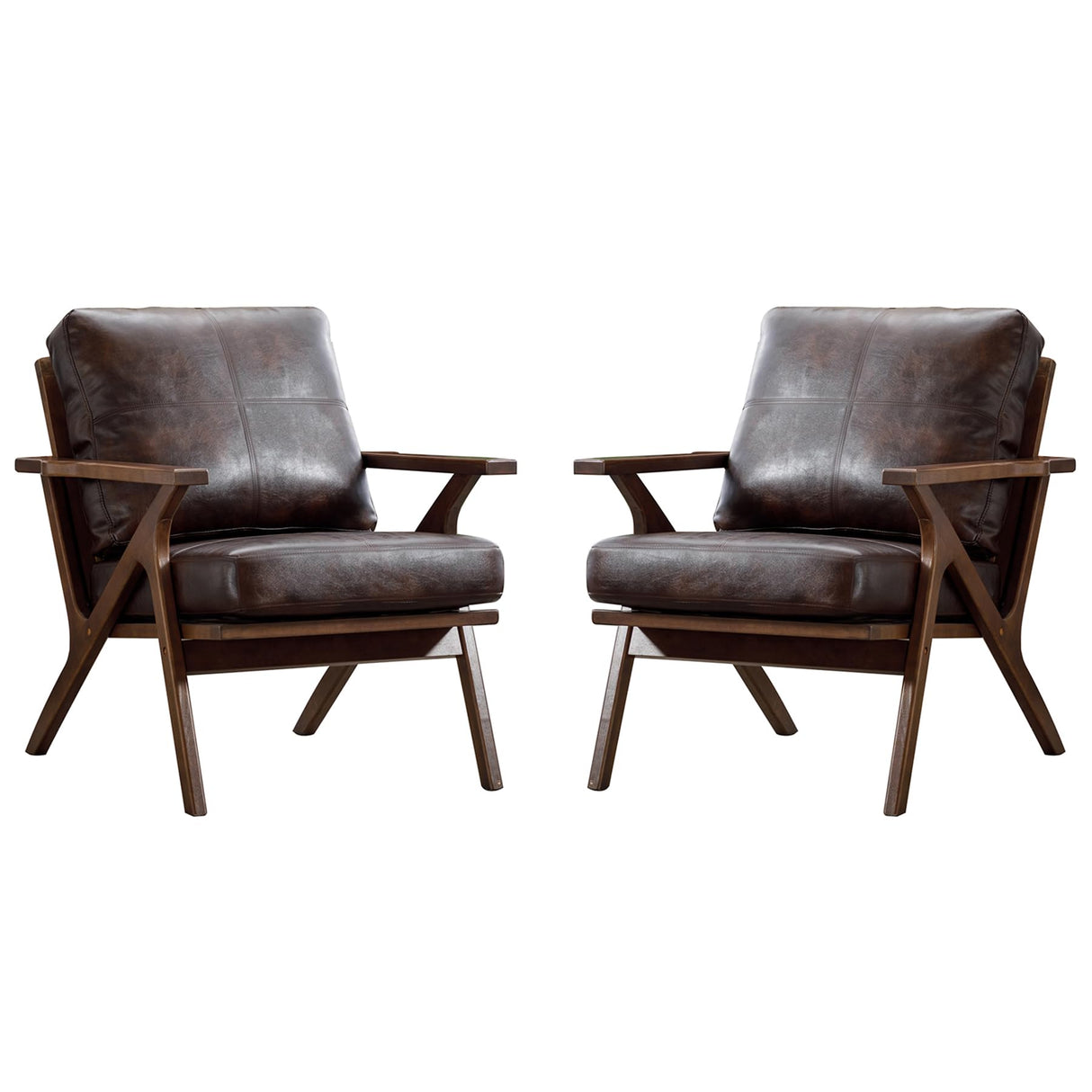 Mid Century Modern Chair, PU Leather Accent Chairs Set of 2, Armchair with Solid Wood