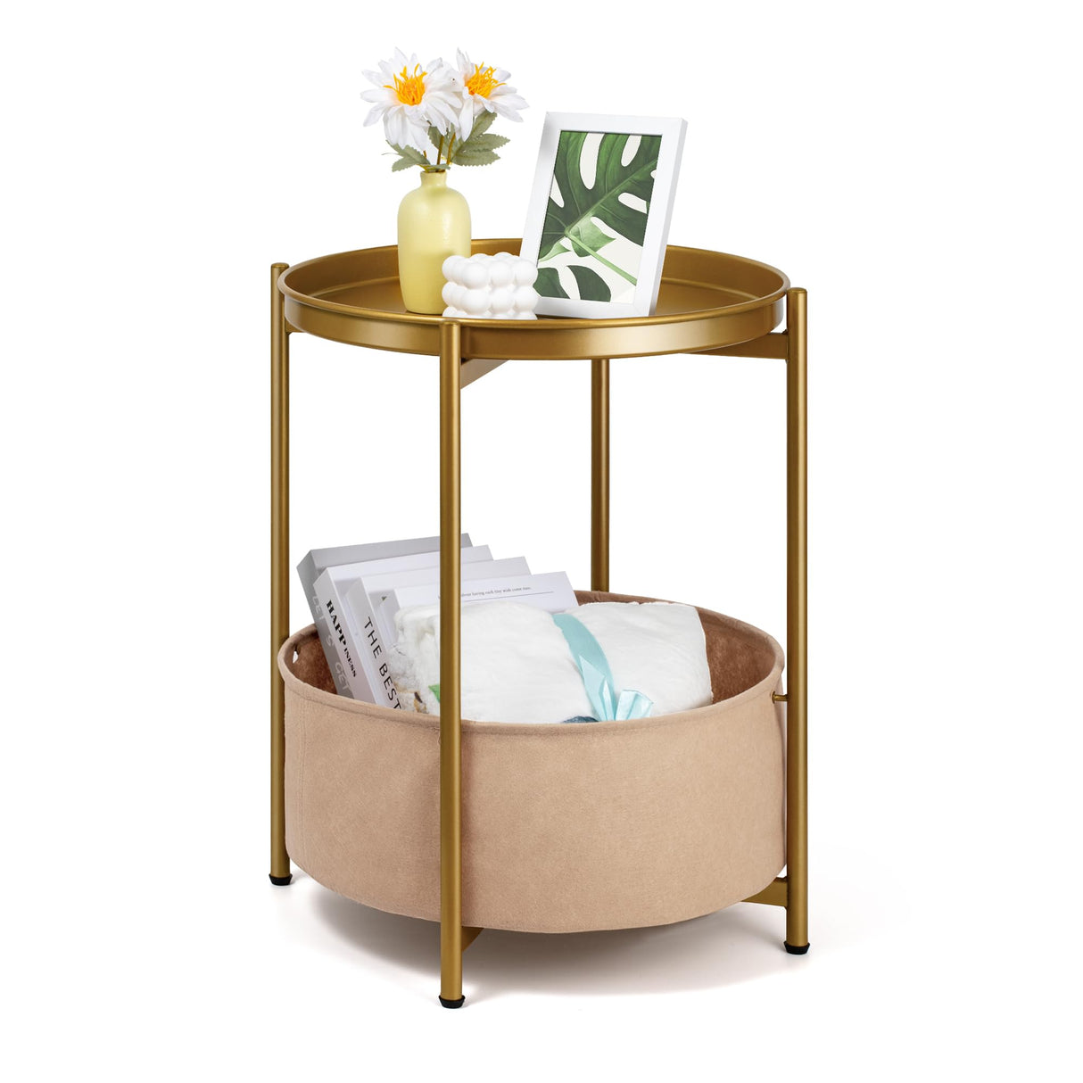 Table, Gold End Table with Storage Basket, Metal Night Stand with Removable Tray, Small