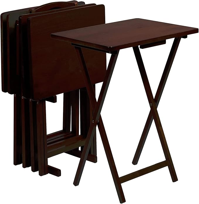 PJ Wood 5 Piece Set, 4 Folding Wooden TV Tray Snack Tables with Storage Rack