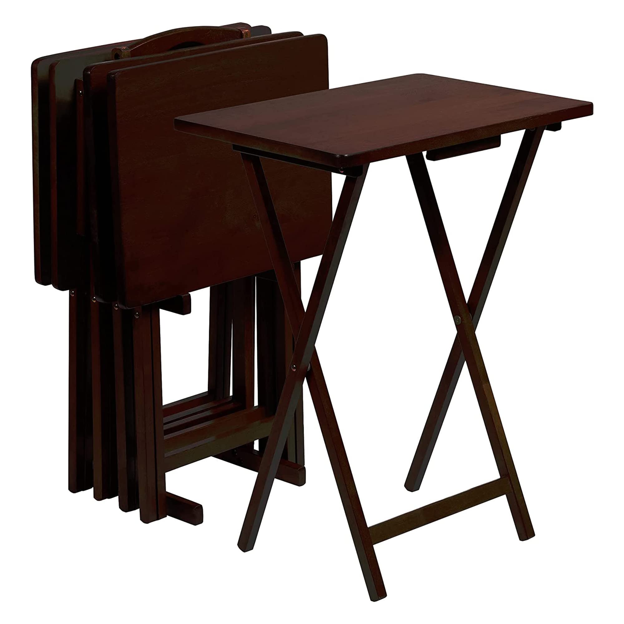 5 Piece Set, 4 Folding Wooden TV Tray Snack Tables with Storage Rack, Espresso