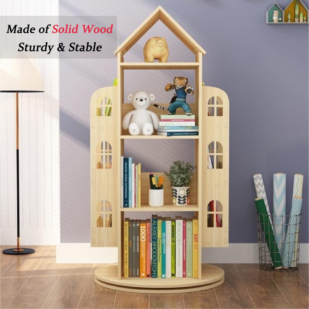 Large Rotating Bookshelf 360 Degree, Wood Castle Bookshelf Bookcase Floor Standing