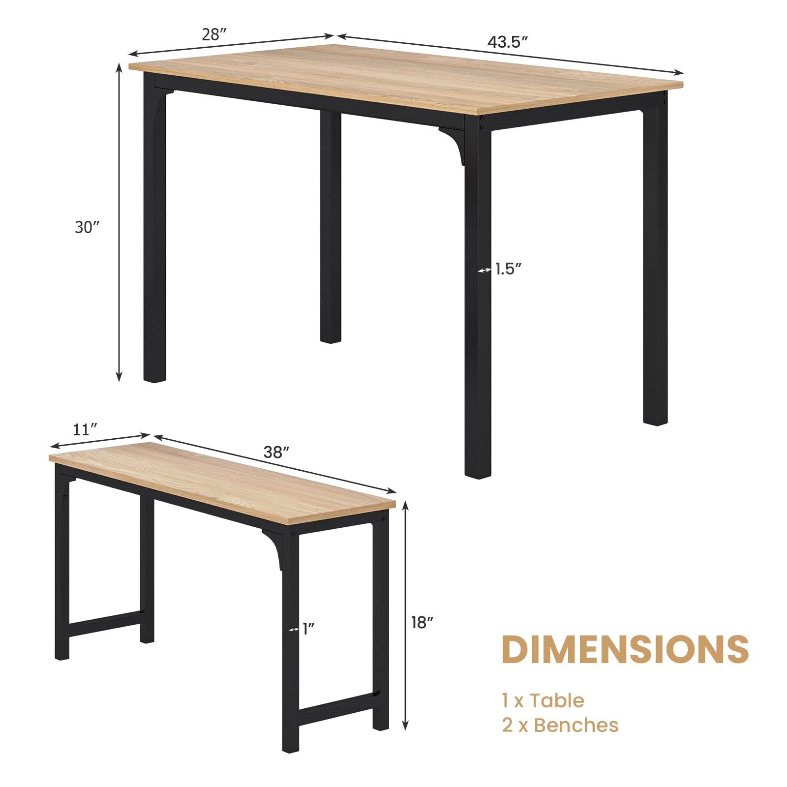 3-Piece Dining Table Set with Bench - Modern Space-Saving Dinette