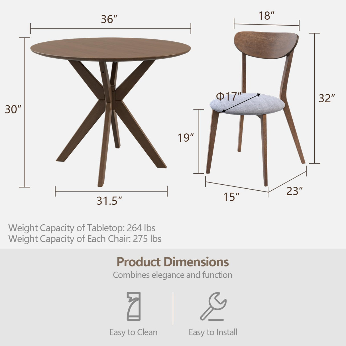 3-Piece Dining Table and Chair Set, Wooden Kitchen Table Set, Farmhouse Round Kitchen Table and 2 Cushioned Dinette Chairs,