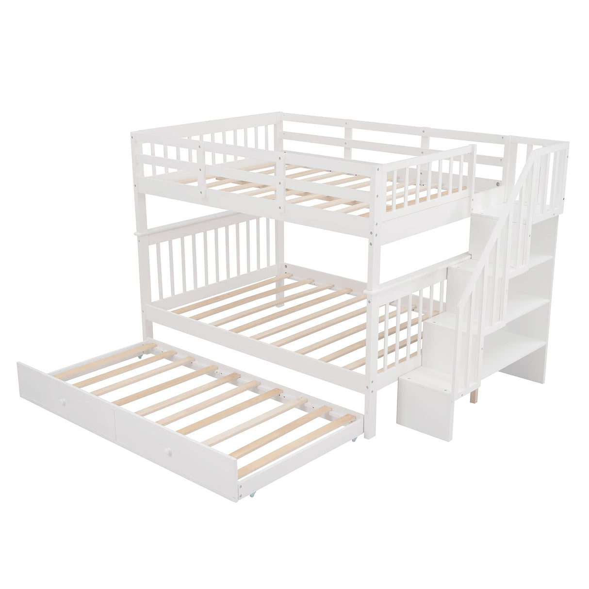 Full Stairway Bunk Bed with Twin Trundle and Storage,Solid Wood Storage Bunk Bed