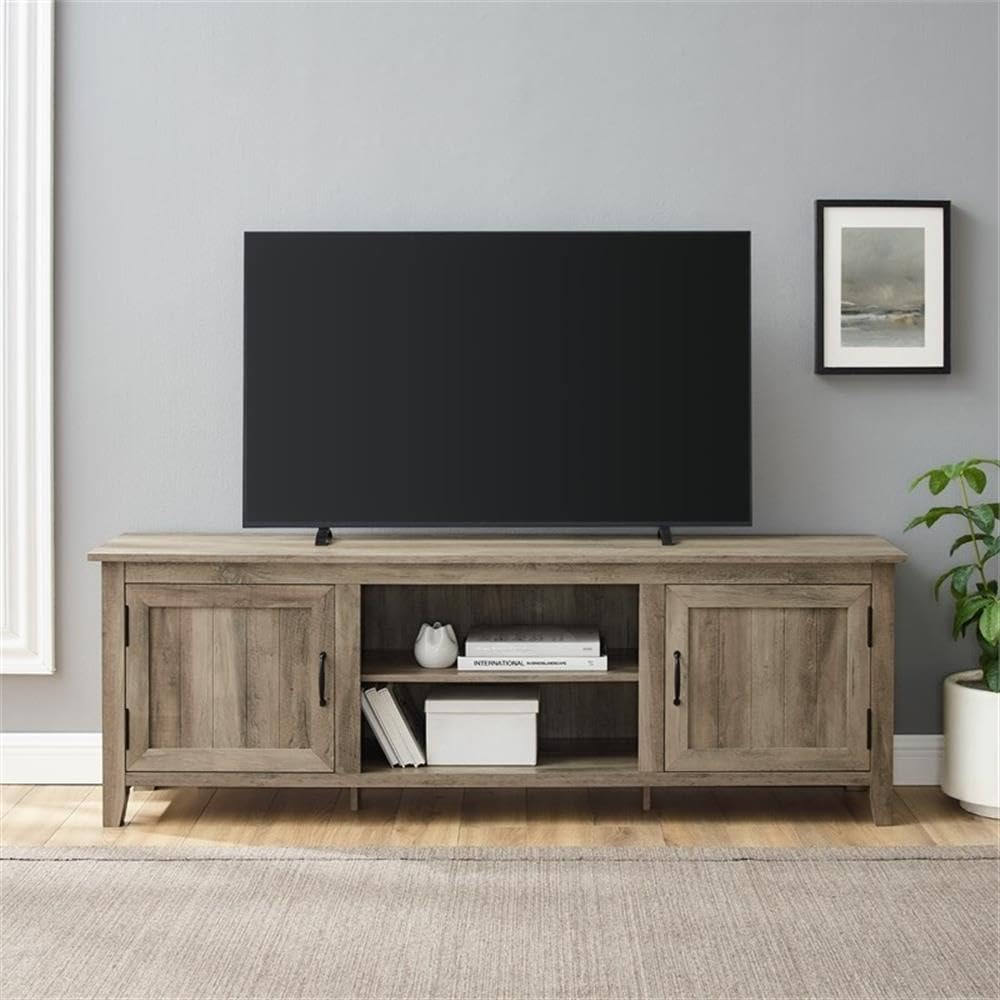 Farmhouse Rustic Wood Barn Door 70" TV Stand Console with Storage in Rustic Gray