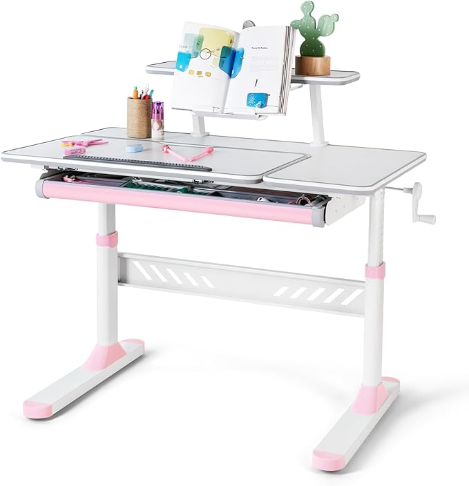 Kids Study Desk and Chair Set,Adjustable Girls School Writing Study Table,Ergonomic Desk Chair with Large Writing Board Pull Out Drawer Bookstand Pink