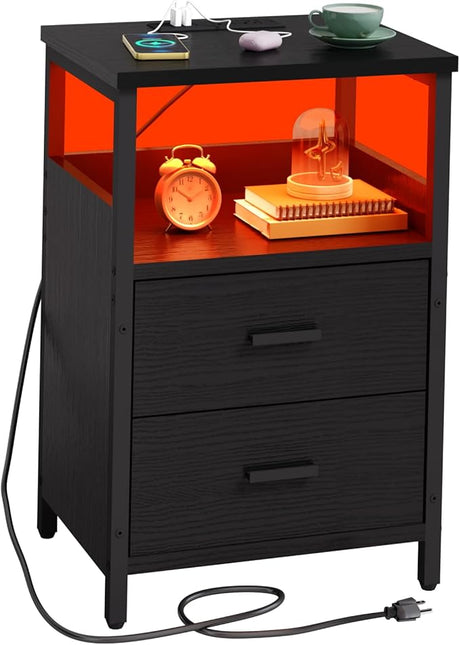 LED Nightstand with Charging Station, Side Table with USB Ports and Outlets