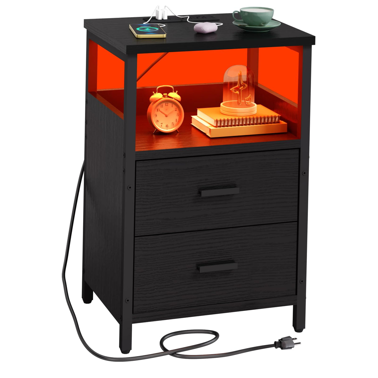 LED Nightstand with Charging Station, Side Table with USB Ports and Outlets