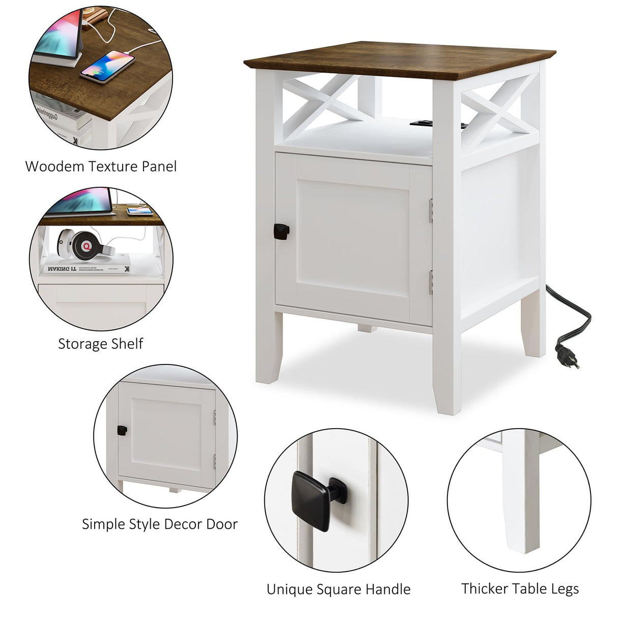 Night stand with Charging Station, Bedside Table 17.8" L x 17.8" W x 23.62" H White