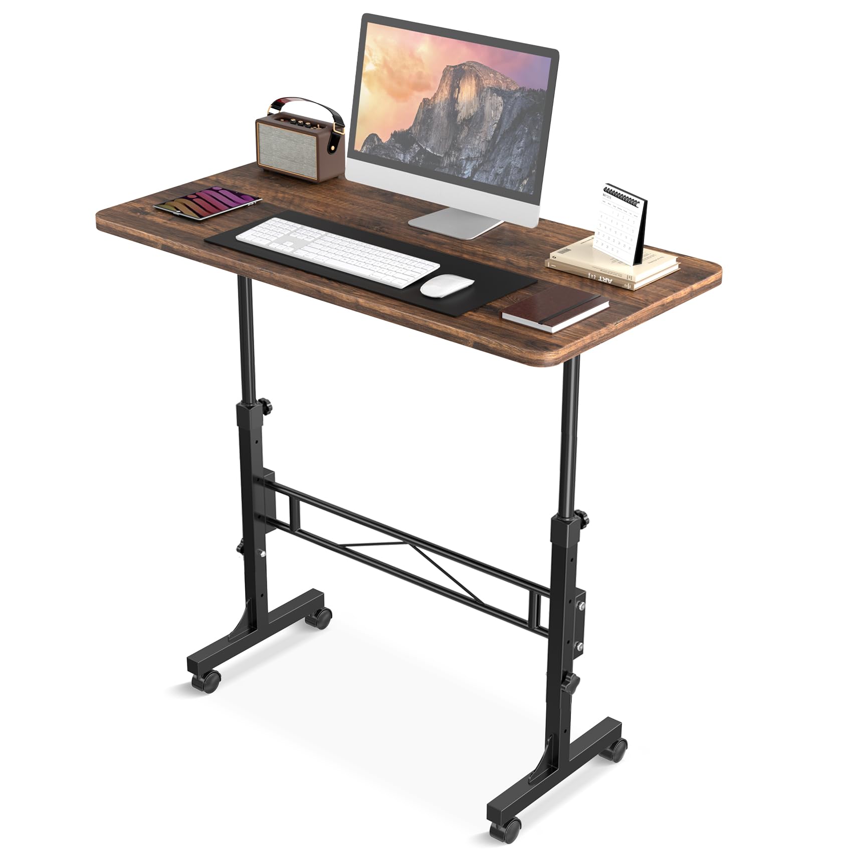 Small Standing Desk Adjustable Height, Mobile Stand up Desks with Wheels, 32 Inch Portable Rolling Small Computer Desks, Portable Laptop Desk Wood Rustic