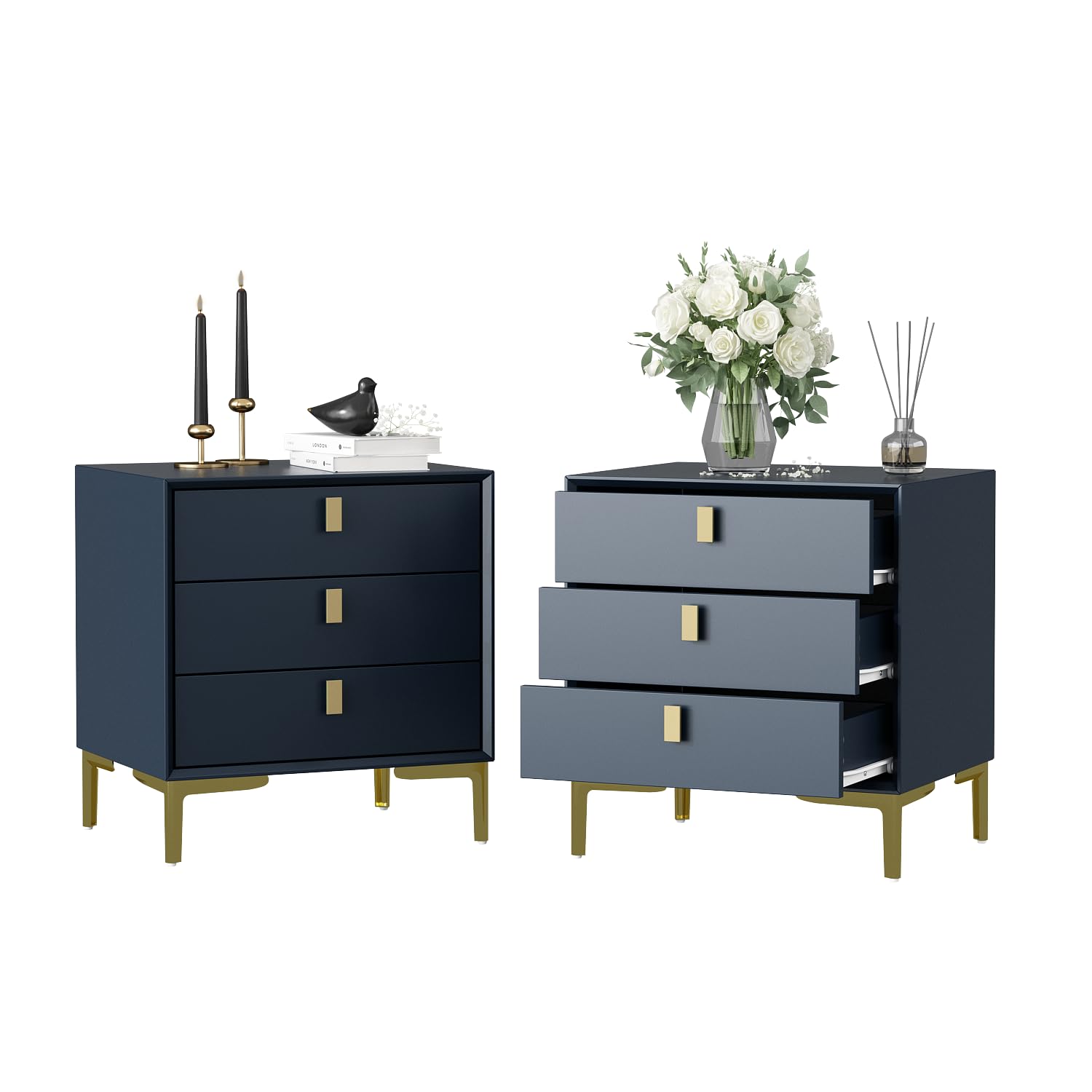 3-Drawer Nightstand Set of 2, Modern Night Stand Bedside Table with Storage