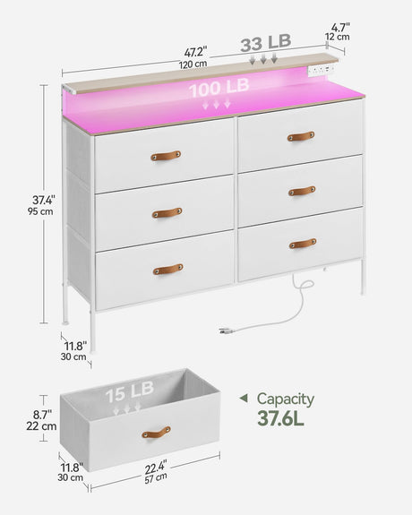 47.2" W White Dresser for Bedroom with Charging Station and LED Lights