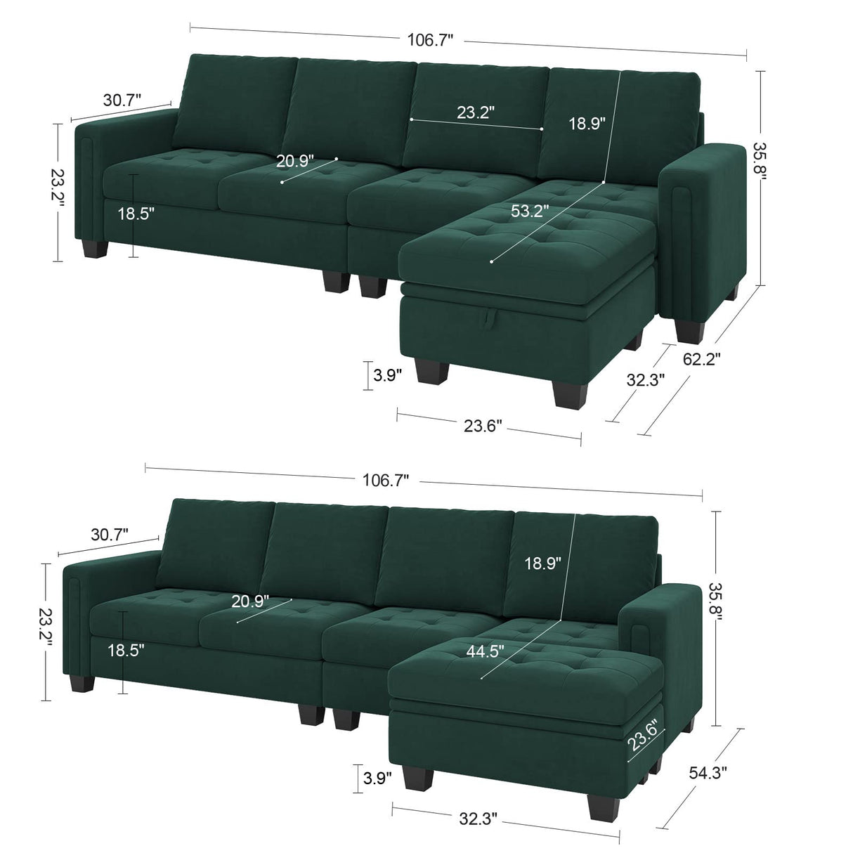 Velvet Reversible Sectional Sofa with Chaise Convertible L Shaped 4-seat