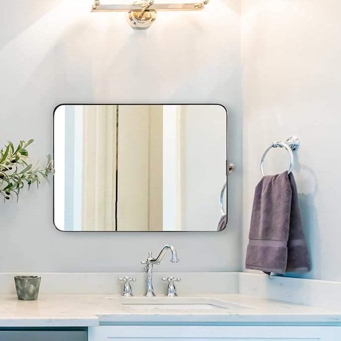 Black Bathroom Mirrors , Metal Framed Rounded Rectangle Wall Vanity Mirror