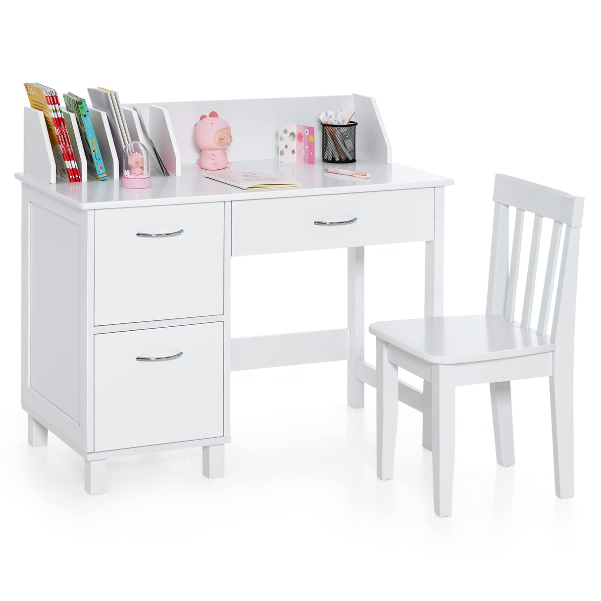 Set, Children Wooden School Learning Table w/Drawer & Storage Cabinets, Student Writing Computer Workstation for Bedroom & Study Room, Gift for Ages 3-8 (White)