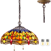 Tiffany Style Dragonfly Pendant Light - 16 Inch Stained Glass Hanging Lamp