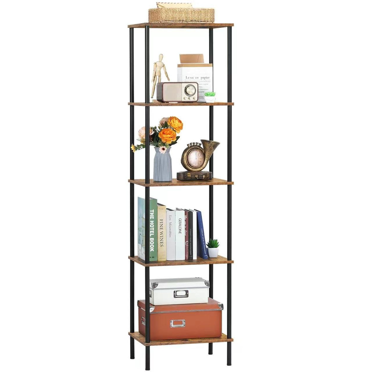 5 Tier Shelves Bookshelf,Tall Narrow Bookcase with Shelves,Wood and Metal Book Shelf Storage Organizer