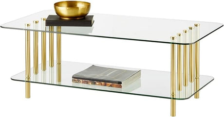 Long Glass Top Coffee Table - Modern Decorative Accent Metal Rectangular Furniture