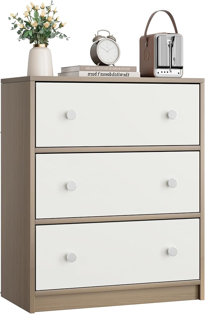 3 Drawer Dresser, White Nightstand for Bedroom with Fabric Drawers,