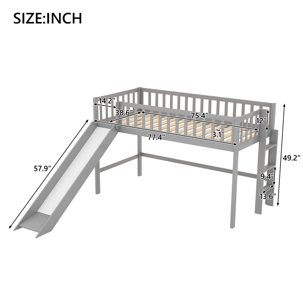 Twin Loft Bed with Slide,Wood Loft Bed Low Profile for Boys Girls, Built-in Ladder