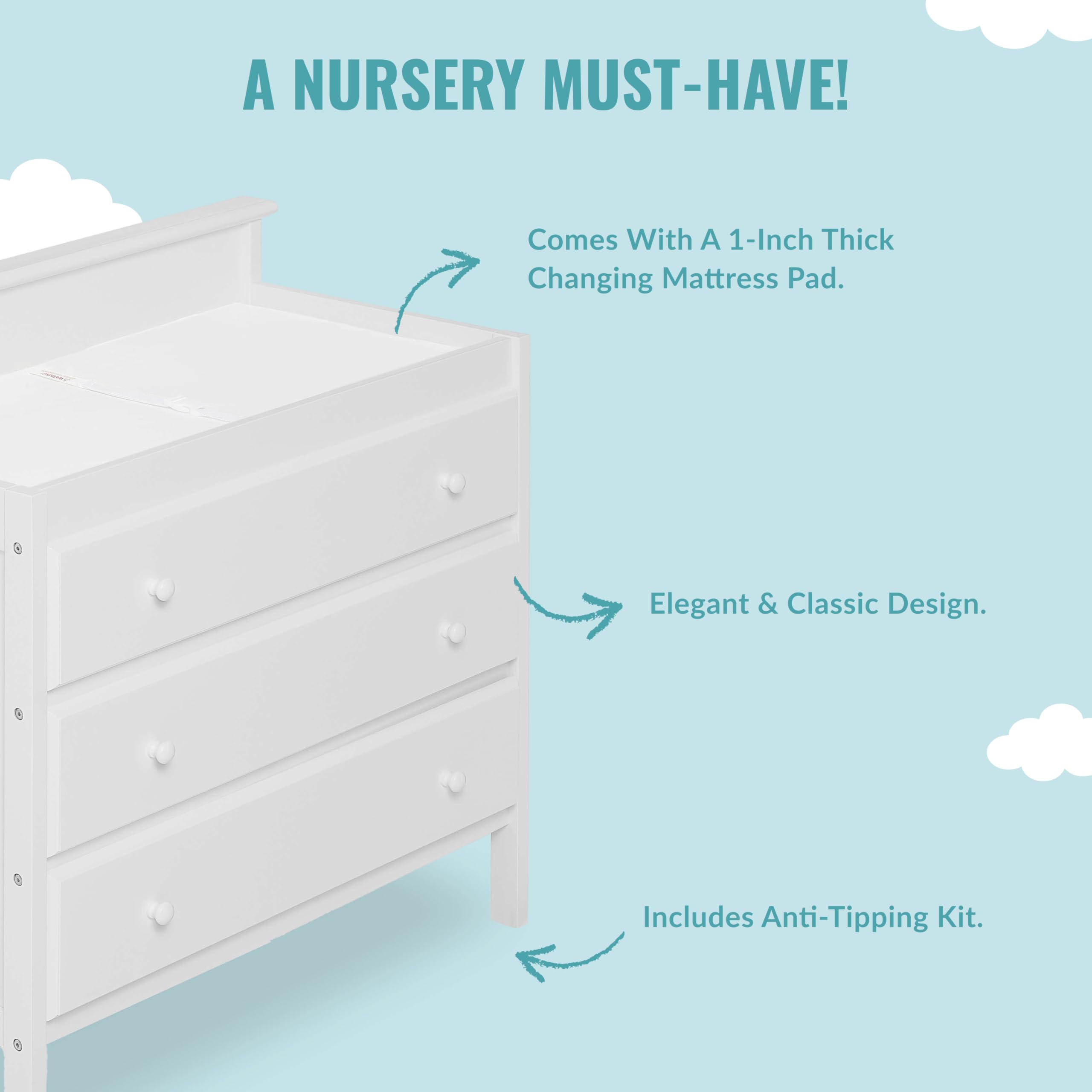 Mason Modern Changing Table with Free Changing Pad in White, Three Spacious Drawers