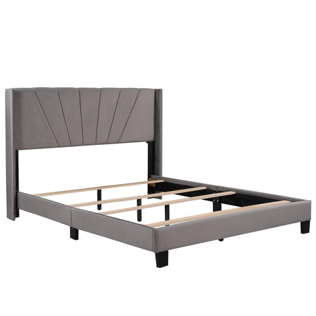 Queen Size Velvet Upholstered Platform Bed, Box Spring Needed Grey