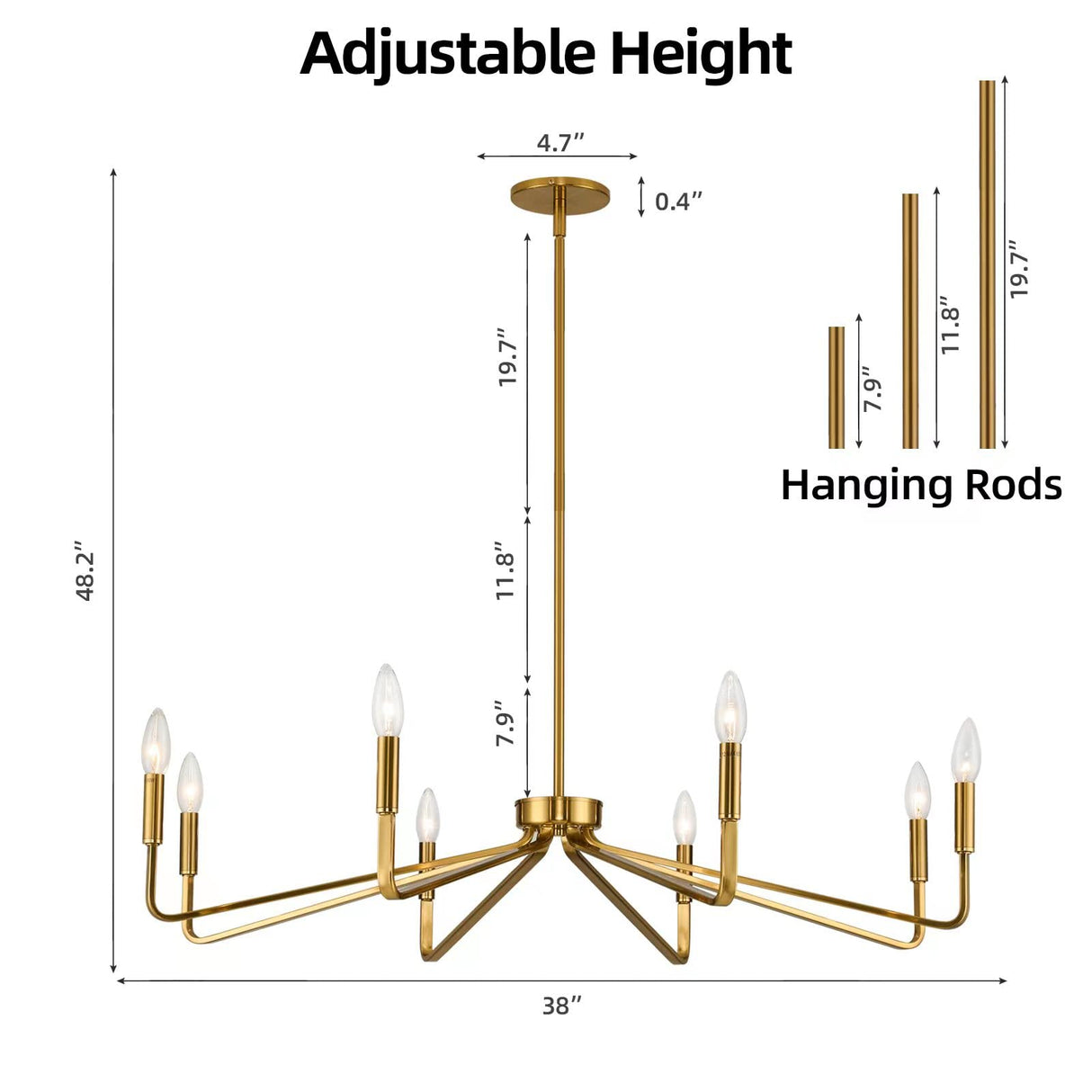 38" Gold Chandeliers for Dining Room, 8-Light Modern Farmhouse Chandelier Light